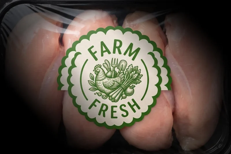 Farm Fresh label on a pack of raw meat