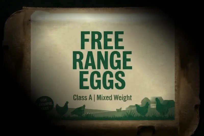 Free Range Eggs label on a box of eggs