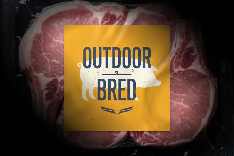 Pork meat with the label reading 'outdoor bred'