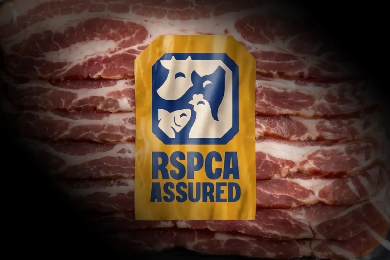 RSPCA Assured logo on a pack of raw bacon