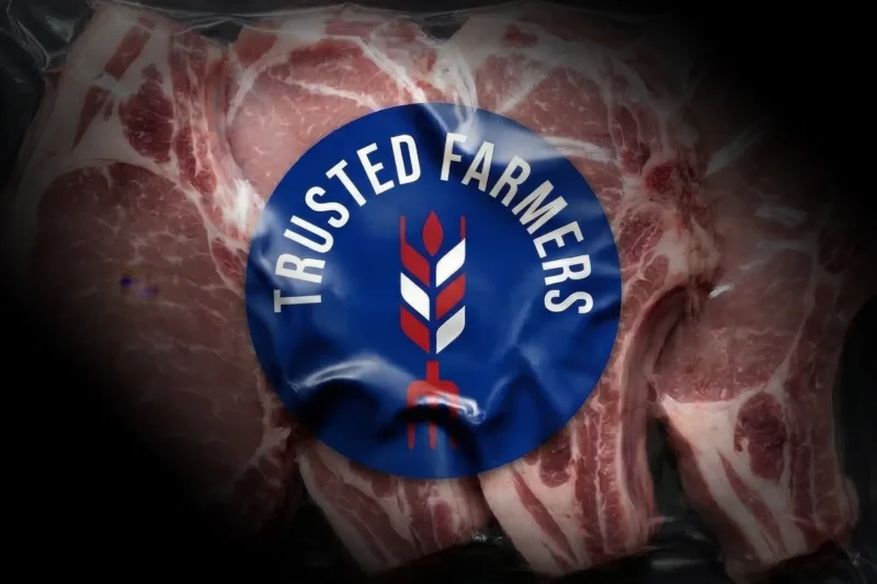 Trusted Farmers branded label on packaged raw meat