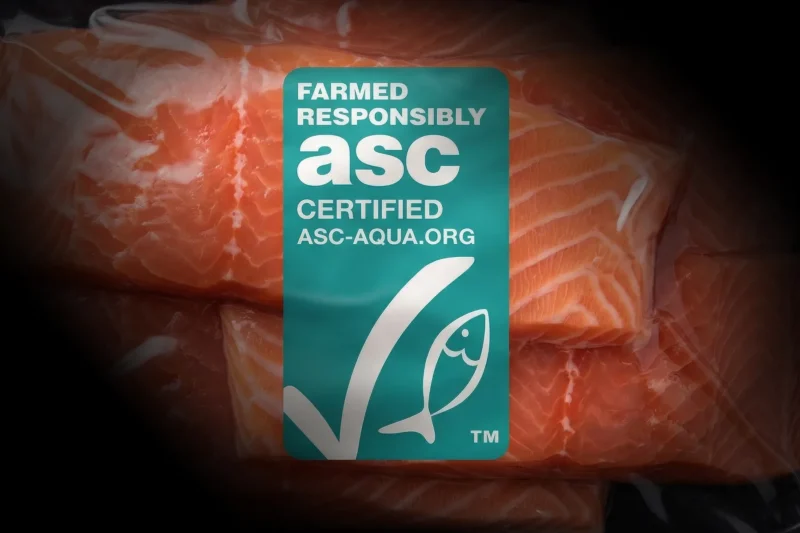 Aquaculture Stewardship Council label on a pack of raw salmon