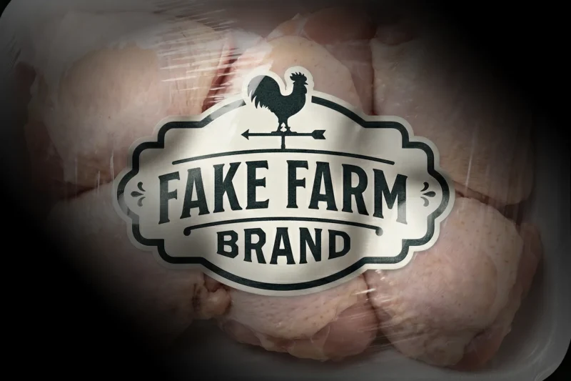 Fake Farm Brand label on a pack of raw meat to illustrate that companies make up the names of farms in their marketing