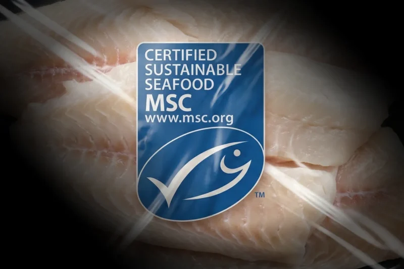 Marine Stewardship Council "Certified Sustainable" logo on a pack of fish