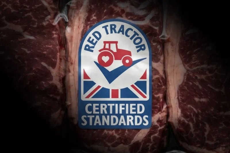 Red Tractor logo on a pack of raw meat
