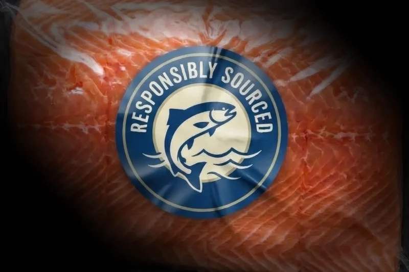 Responsibly Sourced logo on a pack of salmon