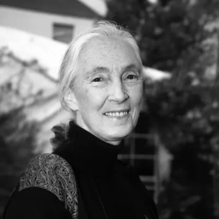 A black-and-white portrait of Dr Jane Goodall
