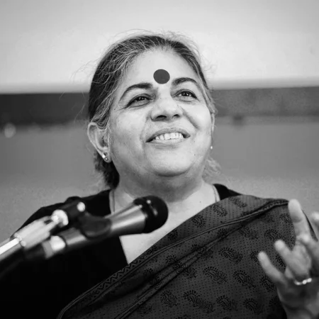 A black-and-white portrait of Vandana Shiva