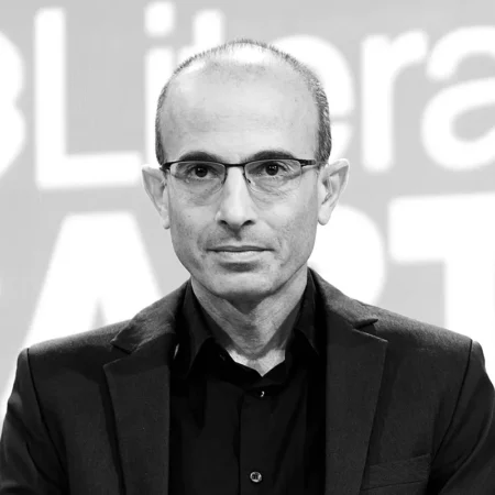 A black-and-white portrait of Yuval Noah Harari