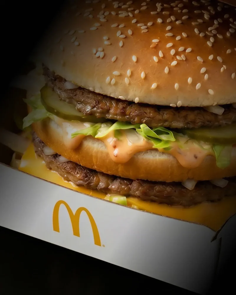 Close up of a McDonald's Big Mac in a dark and moody environment