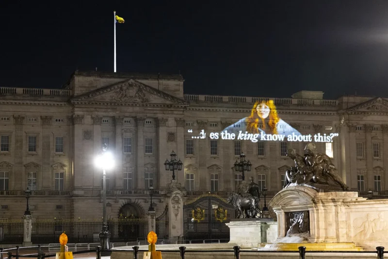 A projection onto Buckingham Palace at night shows comedian Diane Morgan with the words "does the king know about this?"