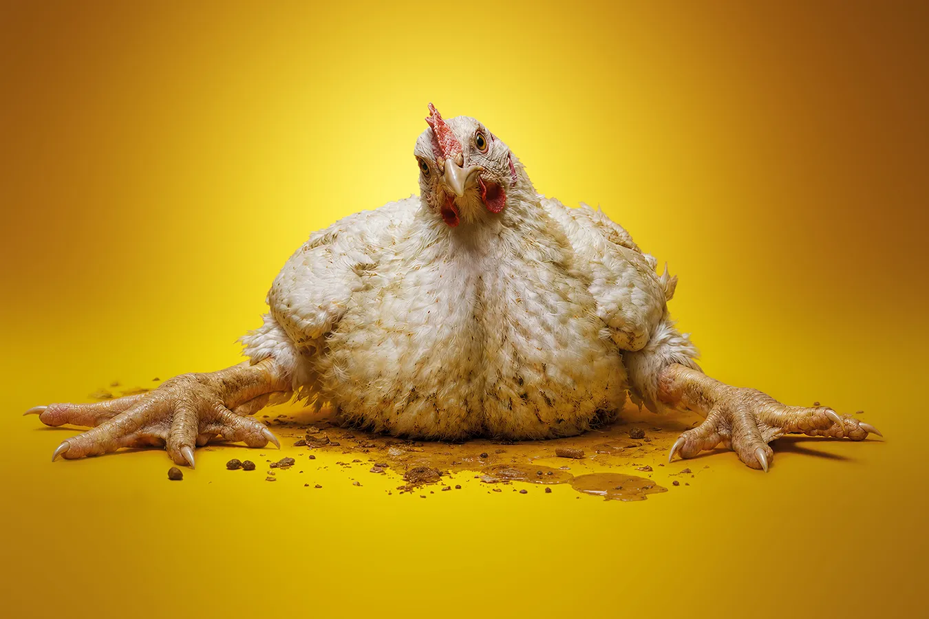 A broiler chicken bred for rapid growth sits with her legs splayed under her oversized body, against a plain yellow background, with droppings and feed scattered around her.