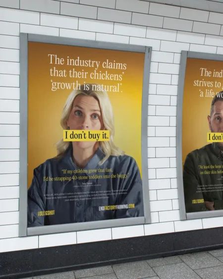 Two End Factory Farming campaign posters side by side in a London Underground station, the left featuring comedian Sara Pascoe with the text "I don't buy it.", the right partially visible featuring Jon Richardson.