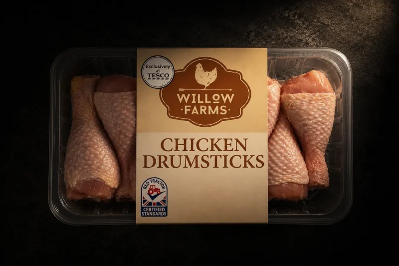 Willow Farms branded chicken drumsticks in plastic packaging, sold exclusively at Tesco.