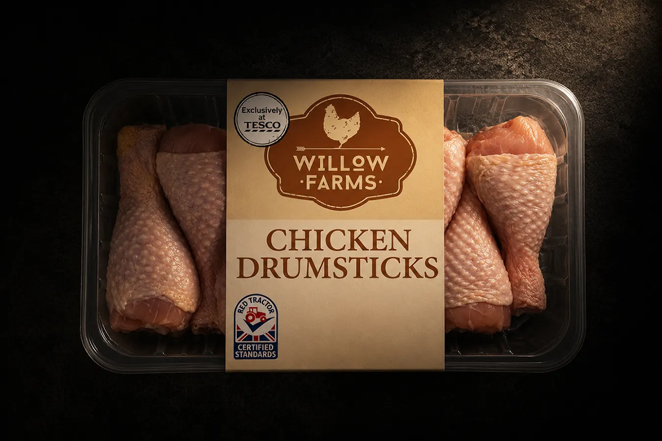 Willow Farms branded chicken drumsticks in plastic packaging, sold exclusively at Tesco.
