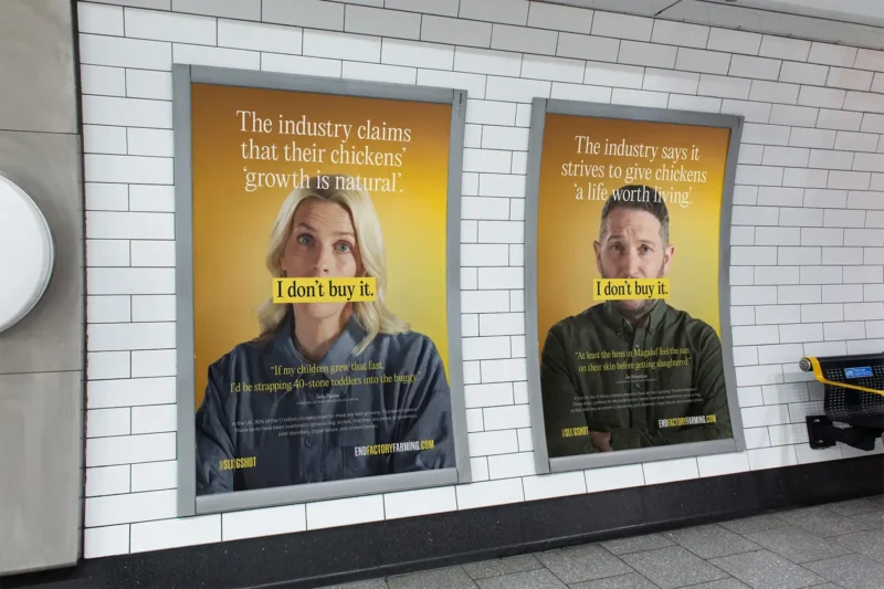 Two End Factory Farming campaign posters side by side in a London Underground station, featuring comedians Sara Pascoe and Jon Richardson, each with the text "I don't buy it."