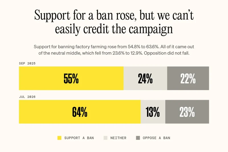 Chart showing public support for banning factory farming rose from 55% to 64% between September 2025 and July 2026, with neutral opinion falling but opposition unchanged.