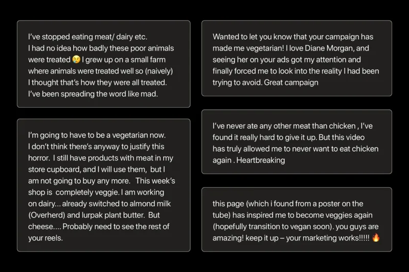 A graphic showing four messages from members of the public saying the campaign prompted them to stop eating meat or go vegetarian.