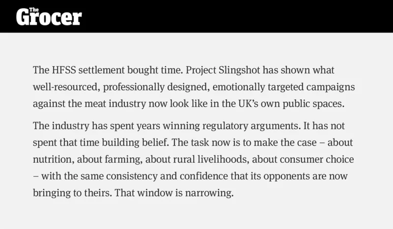 An excerpt from The Grocer trade magazine commenting on Project Slingshot's impact on the meat industry.