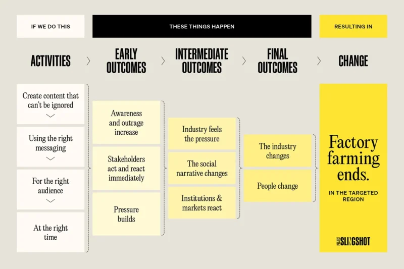 A diagram showing Project Slingshot's theory of change, mapping activities through early, intermediate and final outcomes to the goal of ending factory farming.