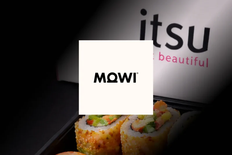 Mowi logo overlaid on an Itsu takeaway box containing salmon sushi rolls.