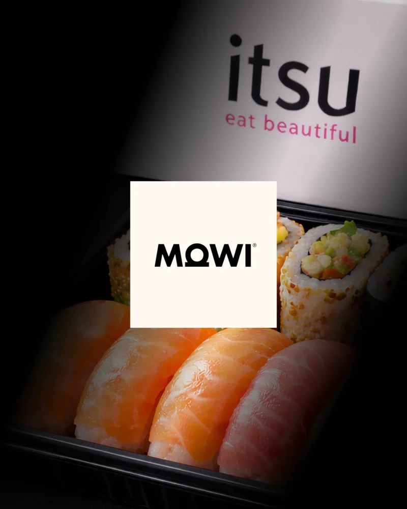 Mowi logo overlaid on an Itsu takeaway box containing salmon nigiri and sushi rolls.