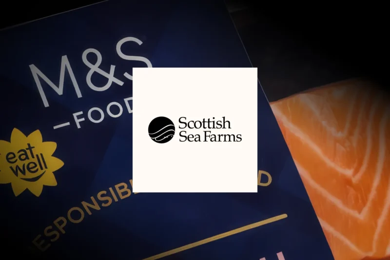 Scottish Sea Farms logo overlaid on an M&S Food packaging showing salmon and a "Responsibly sourced" label.